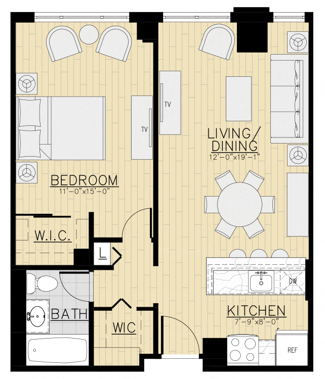 Floor plan for 1 bed, 1 bath, 664 sqft